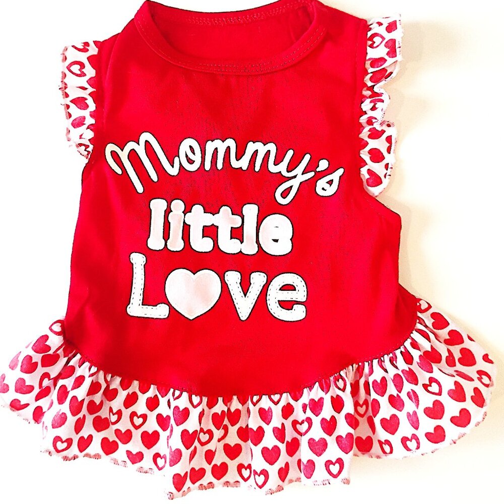 Red Dog Dress, "Mommy's Little Love" Dog Dress with Ruffles and Hearts, size S